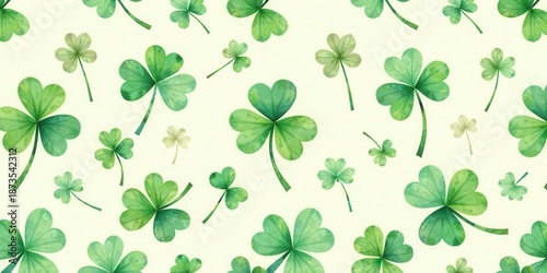 A harmonious cascade of vibrant green clover foliage, artfully scattered across a soft, creamy background, creating a delightful botanical pattern.