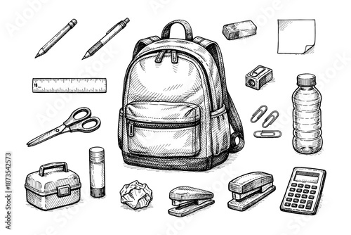 Hand-drawn school supplies: backpack, stationery, calculator, water bottle, lunchbox