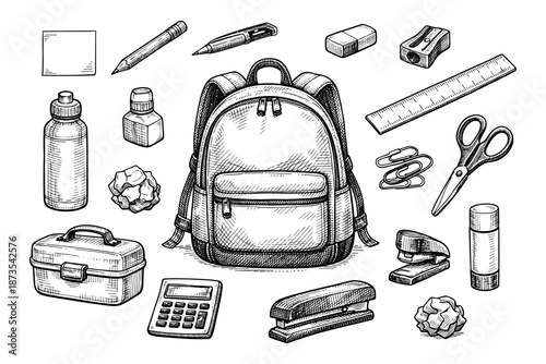 Hand-drawn school supplies: backpack, stationery, and essentials for students