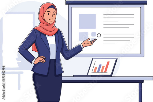 Motivated professional woman in a hijab giving a dynamic business presentation, highlighting key data and concepts on a screen with laptop support