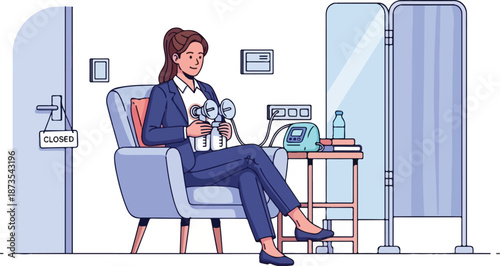 Working mother discreetly pumps breast milk in a private office setting, emphasizing workplace support and work-life balance for professional women juggling career and childcare