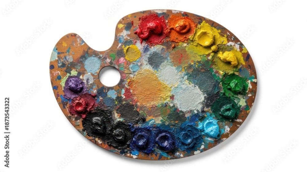 Fototapeta premium Close-up of a paint palette with colorful paints on a white background.