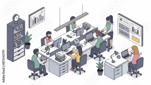 Office workers collaborating at their desks in a modern workspace.