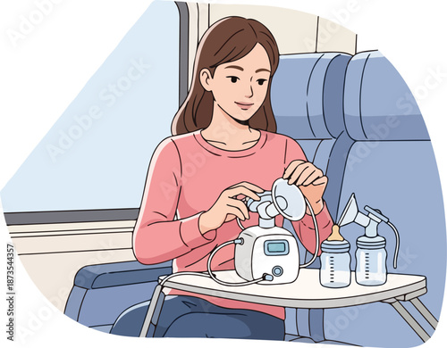 Woman expressing milk on train with breast pump and bottles on small table