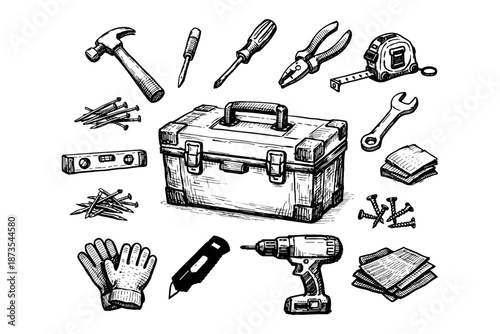 Hand-drawn toolbox collection with tools and accessories for diy projects