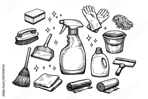 Hand-drawn cleaning supplies illustration with broom, bucket, and detergents
