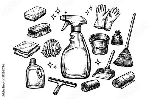 Vintage cleaning tools: brushes, mop, sprayer, gloves, detergent