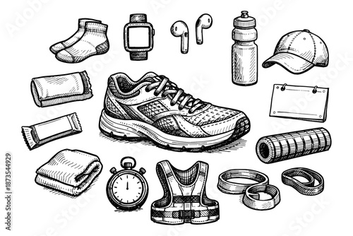 Running essentials sketch: sneakers, gear, accessories for fitness enthusiasts