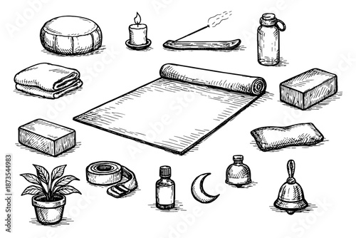 Hand-drawn yoga accessories sketch with mat, blocks, and essential items