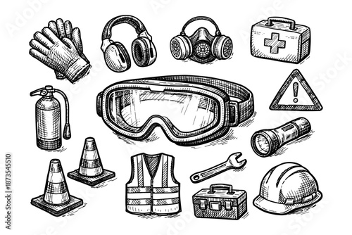 Safety equipment sketch: goggles, helmet, gloves, tools, and protective gear