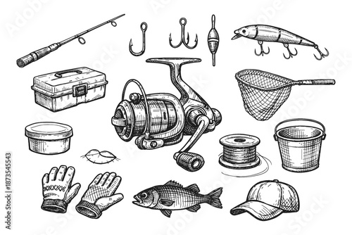 Set of fishing gear and accessories including rod, reel, hooks, lures, and net illustrated in black and white