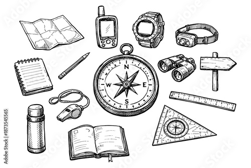 Assorted outdoor navigation tools and accessories for hiking and adventure