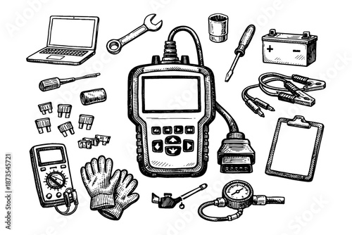 Hand-drawn auto repair tools and diagnostics equipment collection