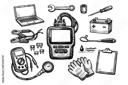 Vintage hand-drawn car maintenance tools and equipment layout