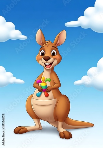 Cheerful cartoon marsupial standing against a bright blue sky with fluffy white clouds