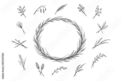Elegant botanical wreath with simple hand-drawn plant elements