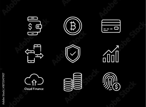 Financial icons representing various aspects of online banking and cryptocurrency transactions in a modern digital landscape viewed from directly above.