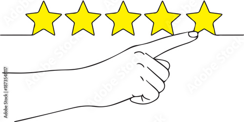 A clean line vector illustration of an outstretched hand pointing toward a row of five yellow stars, symbolizing a perfect rating, top-tier quality, and excellent customer satisfaction.