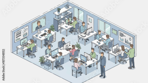 Isometric office space with employees working at desks and managers supervising.