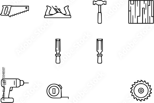 Assorted carpentry tools laid out on a white background including a saw drill tape measure and various hand tools