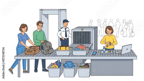 Airport security checkpoint with passengers placing luggage into bins while officer checks scanner...