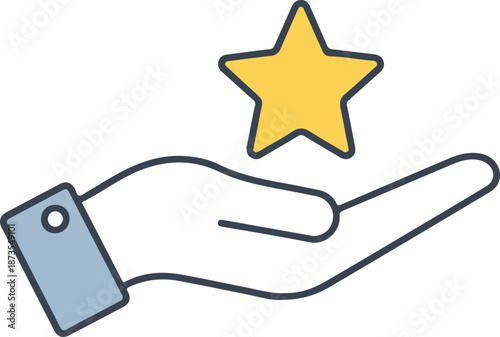 A minimalist line vector illustration of an open hand holding a glowing yellow star, symbolizing care, a high rating, quality service, or a rewarded achievement.