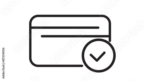 Black and white credit card icon with checkmark suitable for financial services websites, ecommerce platforms, payment processing apps, or banking presentations.