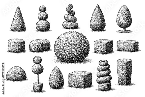 Intricate black and white topiary designs in various geometric shapes