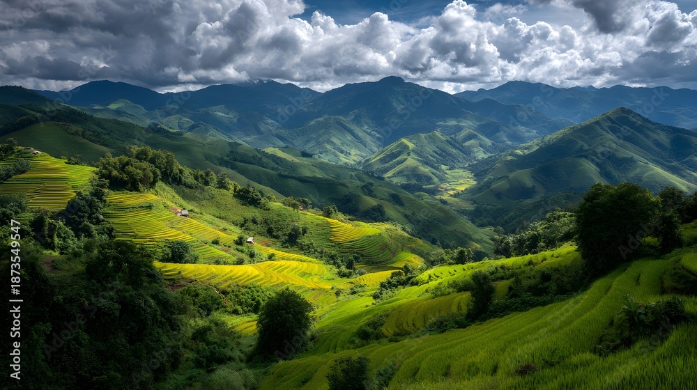 Fototapeta premium Expansive vibrant green rice paddies on lush mountainsides under a dramatic cloudy sky