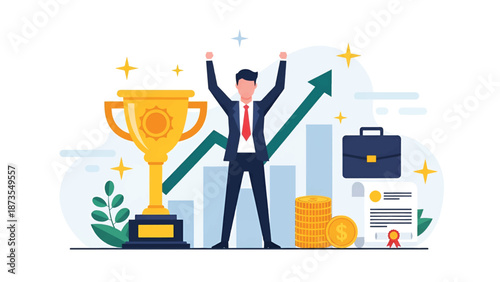 Businessman raising arms beside large trophy, coins, briefcase and upward chart showing success now