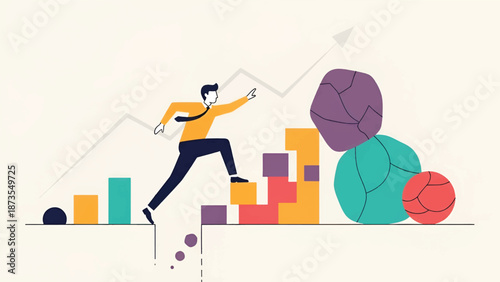 Businessperson leaping across a gap onto colorful stacked blocks toward growth symbols and boulders