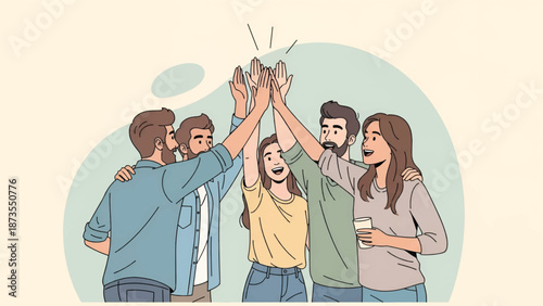 Five friends stand in a circle smiling, arms raised in a shared high-five, casual outfits bigsmiles!