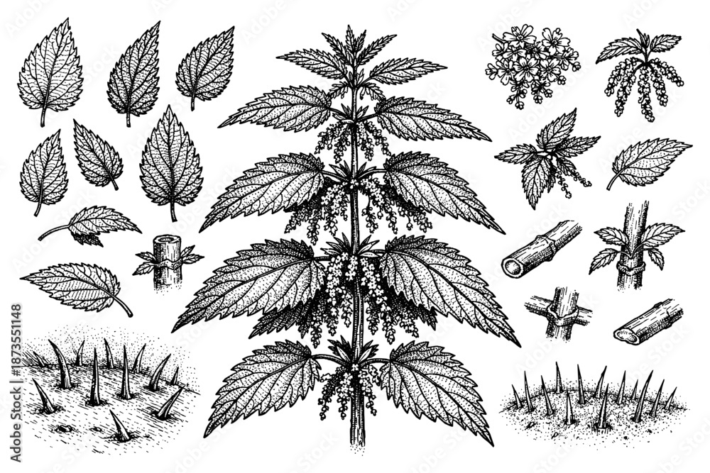 Naklejka premium Detailed botanical illustration of urtica dioica with leaves, stems, and flowers in black and white