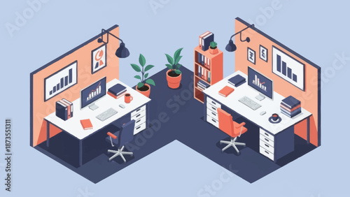 Isometric office workspace with two desks and office supplies.