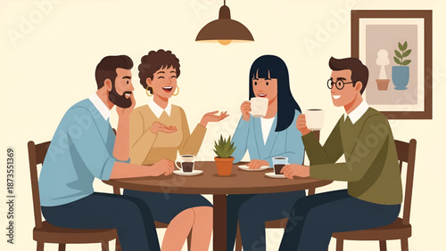 Four friends chat and sip coffee around a round wooden table under a warm pendant lamp with plant!!!
