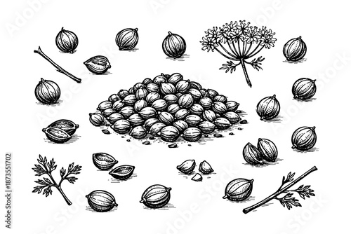 Black and white dill and coriander seed illustration with nuts and herbs