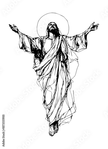 Abstract line art of Jesus Christ ascending with arms raised and halo, isolated with transparent background