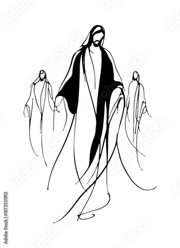 Minimalist line art of Jesus Christ walking with two followers in flowing robes, isolated with transparent background