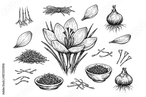 Saffron botanical illustration with crocus flowers and spice elements