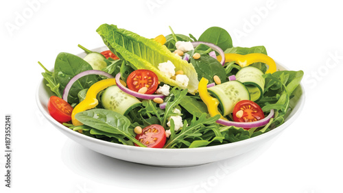 Fresh mixed greens with cherry tomatoes, cucumber ribbons, yellow bell pepper, red onion, feta cubes