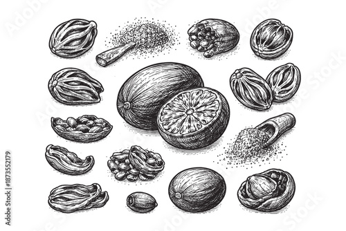 Hand-drawn nutmeg spice illustrations featuring seeds, nutmeg pods, and ground nutmeg