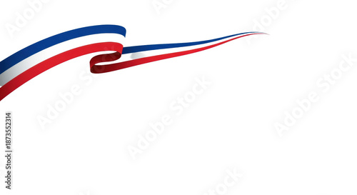 stylized french tricolore flag (bleu blanc rouge) rendered as a thick, dynamic, high-contrast vector ribbon on a transparent background, concept for french national identity