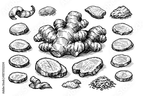 Hand-drawn ginger root sketch with slices and powder in black and white