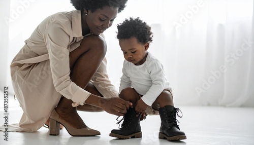 African American Mother Dressing Toddler in Black Boots on White Floor