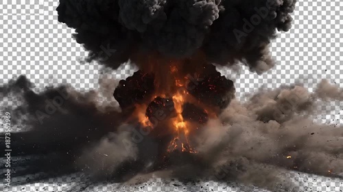 A powerful and dramatic fiery explosion with a rising mushroom cloud of dark smoke and debris isolated on a transparent alpha channel background perfect for visual effects compositing in action films.