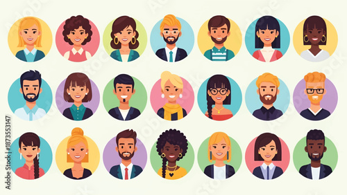 Grid of diverse smiling avatar portraits in colorful circular frames, modern flat illustration style