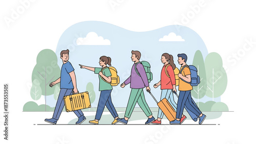 Group of glad travelers walking with backpacks and rolling suitcases through a leafy park at midday