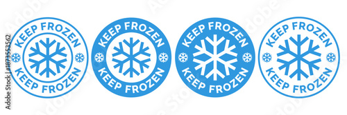 Frozen food product label packaging set. Keep frozen badge. Fresh frozen food icon logo, badge, sticker, emblem, stamp, symbol, black, line circle, flat vector, isolated illustration. Snowflake icon.