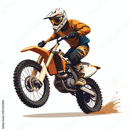 Dynamic vector illustration of a skilled rider performing a jump on a dirt bike during an off-road race