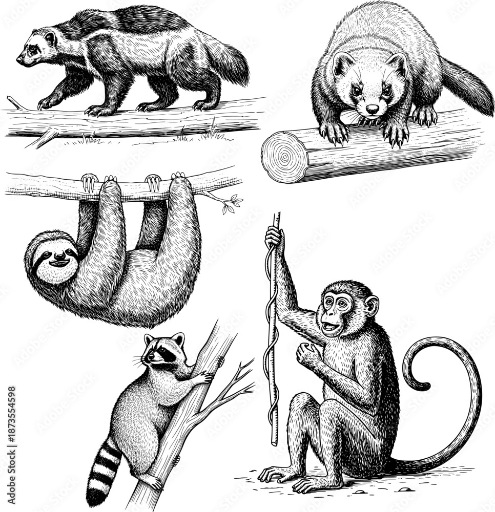Obraz premium Vintage Sketch of Sloth Raccoon Monkey and Wolverine on White Background